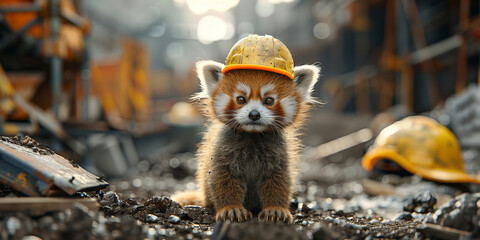 Adorable Red Panda Cub Poses as Construction Worker in Banner - Powered by Adobe