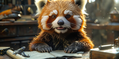 Scholarly Red Panda Engrossed in Ancient Manuscripts - A Mystical Study Banner