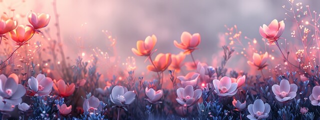serene split background featuring soft coral and lavender tones, accented by delicate flower-shaped light elements. - obrazy, fototapety, plakaty