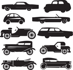 Vector pack of a variety of classic car silhouettes in black and white