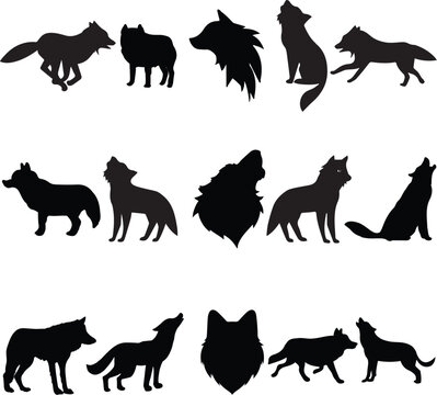 Vector pack of wolfs silhouettes in black and white