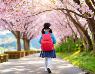 桜並木を歩く小学生の女の子 - obrazy, fototapety, plakaty