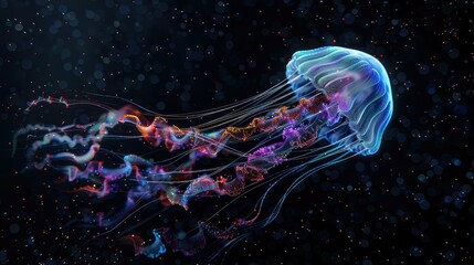 The 3D Jellyfish is formed by colorful Light. In the background in black color.