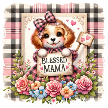 Cute Dog on flowers hold a sign and the sign on this text Blessed Mama Clipart
