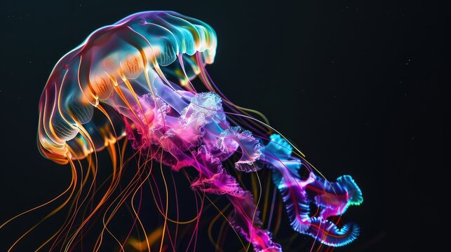 The Jellyfish is formed by colorful Light. In the background in black color. Stylish in the style of light painting.