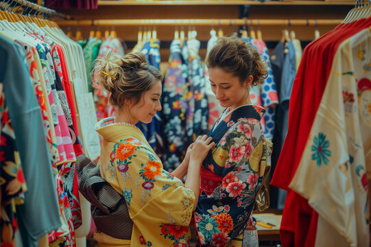  Foreign tourists experiencing Japanese traditions.　着物を試着する外国人観光客
