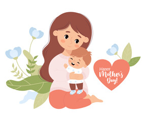 Cute mother with her smiling little son. Holiday postcard happy Mothers day. Vector illustration