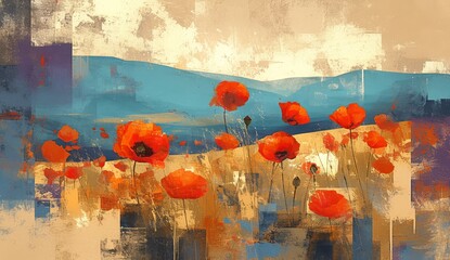 Abstract Blue and Gold Painting with Red Poppies