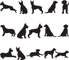 Vector pack of dogs in different poses silhouettes in black and white