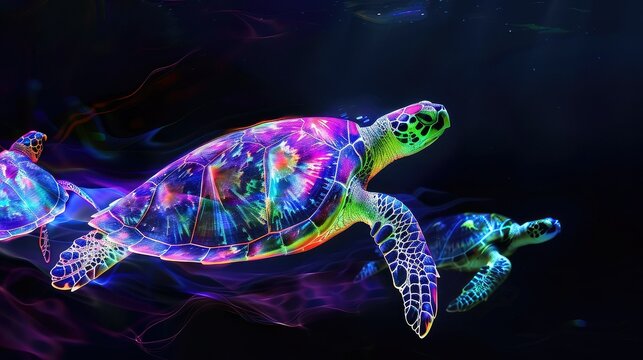 Sea turtles swimming in the sea is formed by colorful Light. In the background in black color. Stylish in the style of light painting.
