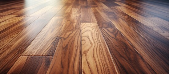 A detailed view of a wooden floor covered in laminate flooring, showcasing the natural grain and texture of the wood. The laminate adds a protective layer while enhancing the overall aesthetic. - obrazy, fototapety, plakaty