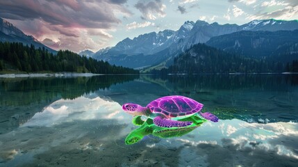 The 3D turtle is formed by pink and green Light. In the background is the clear crystal lake in front of the majestic mountain range reflecting the light painting on the water surface. - Powered by Adobe