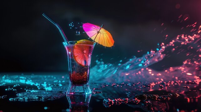 Tropical cocktail with umbrella is formed by colorful Light. In the background in black color. Stylish in the style of light painting.