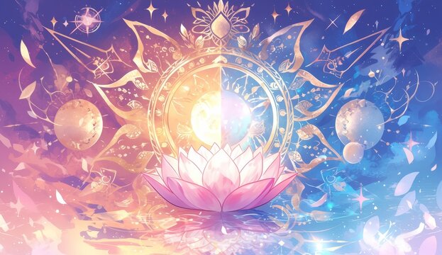 yin yang chakra, lotus flower with rainbow aura in the middle of sun and moon, sacred geometry background