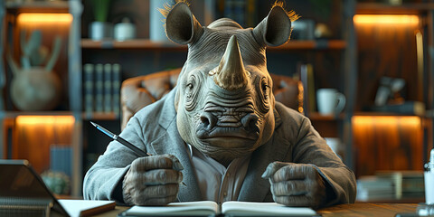 Rhino Scholar Immersed in Deep Study at Cozy Library Banner - obrazy, fototapety, plakaty