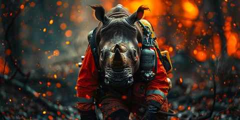 Deurstickers Enigmatic Sci-Fi Rhino Guardian Amidst Fiery Sparks Banner © Алинка Пад