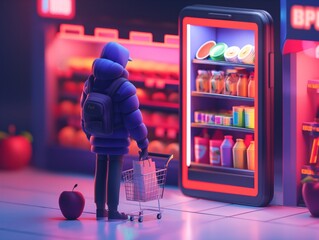 A man is shopping in a store with a cart full of groceries. The store is brightly lit and the man is wearing a backpack - obrazy, fototapety, plakaty