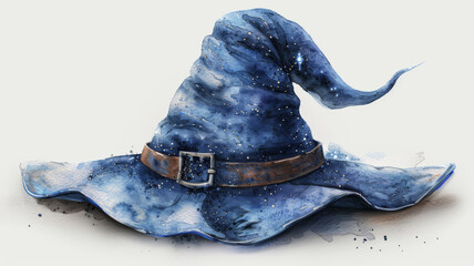 Enchanted wizard's hat with magic glow, watercolor clipart, isolated on white