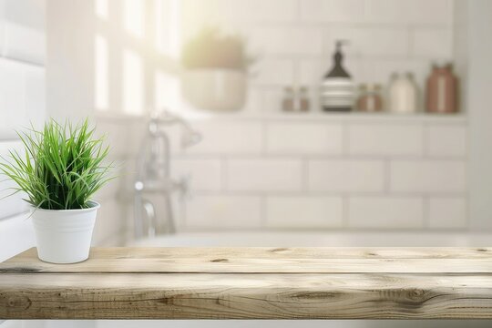 White bathroom interior. Empty wooden table top with plant for product display with blurred bathroom interior background.
