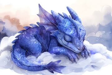 Magical dragon resting on a cloud, serene watercolor clipart isolated on white - obrazy, fototapety, plakaty