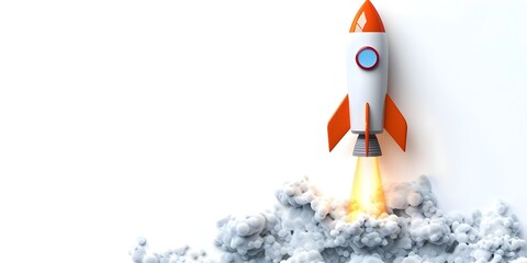 This digital depicts a bright orange rocket with blue accents blasting off against a clean white background - obrazy, fototapety, plakaty