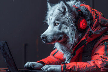 Determined Cyber Canine Dons Headphones and Jacket at Laptop - A Banner Image - Powered by Adobe