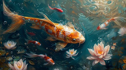 Obraz na płótnie Canvas Generate fluid images featuring goldfish, Chinese costumes, koi fish, lotus, surrealism, hyper-detailed elements, and dreamy colors