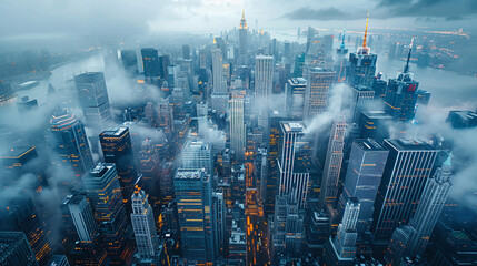 New York City skyscrapers with fog