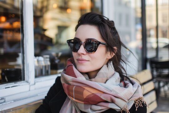 woman in chic sunglasses and scarf on a coffee shop patio