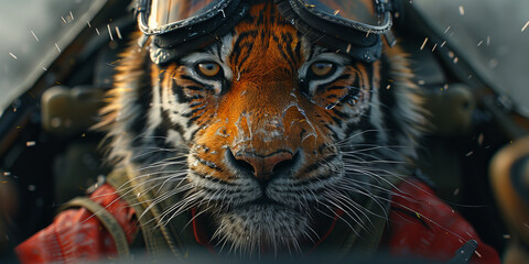Fierce Tiger Warrior in Battle Gear Under the Rain Banner