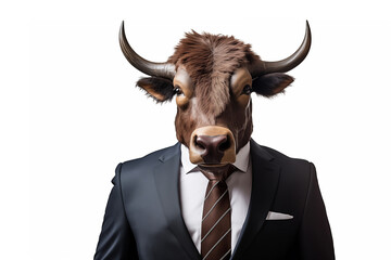 A man wears a suit with a buffalo head on white background.