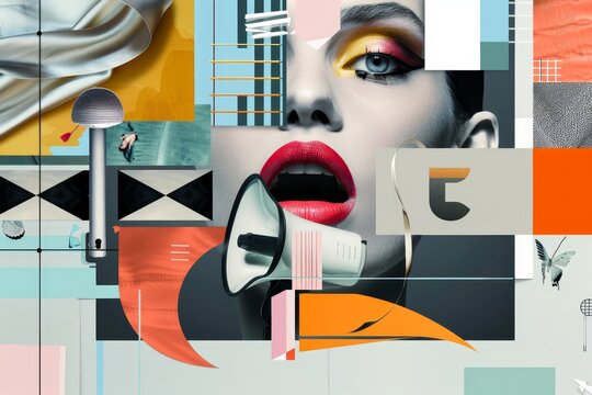 A collage of modern design, with a central image of a female mouth and a megaphone, trendy fashion elements, ad space
