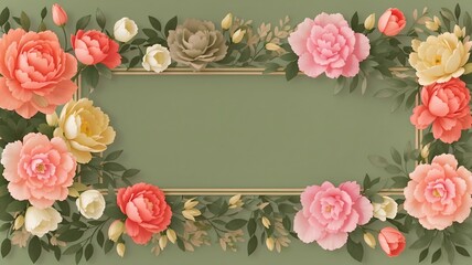A banner with carnation flowers and roses in green shades and pink and magenta shades