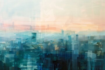 Ethereal cityscape, defocused, beneath translucent layers of oil paint, suggesting an urban dream