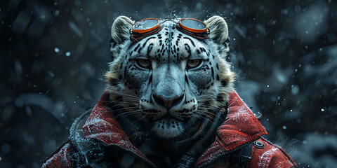 Mystical Snow Leopard Explorer in Winter Goggles and Red Jacket Banner - obrazy, fototapety, plakaty