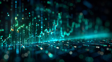 Abstract digital stock market background with bars and charts in hues of teal cyan green and blue, cinematic lighting. - obrazy, fototapety, plakaty