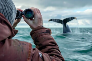 wildlife spotter with binoculars tracking a whale