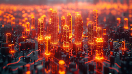 Obraz premium A conceptual visualization of a smart city with glowing structures on a digital circuit board, symbolizing urban technology integration concept.