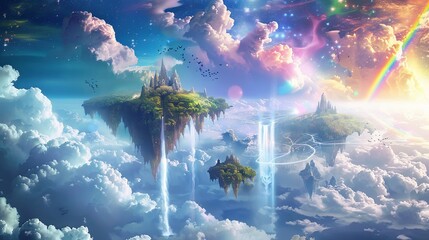 Surreal fantasy landscape with vibrant floating islands, cascading waterfalls, and a colorful rainbow among celestial clouds. Fantasy Floating Islands with Waterfalls and Rainbow

 - obrazy, fototapety, plakaty