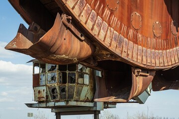 Close-up of a rusty old excavator with rust and a clear blue sky in the background