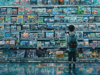A young boy stands in front of a shelf full of comic books. The boy is wearing a backpack and he is looking at the books with interest. Concept of curiosity and excitement - obrazy, fototapety, plakaty