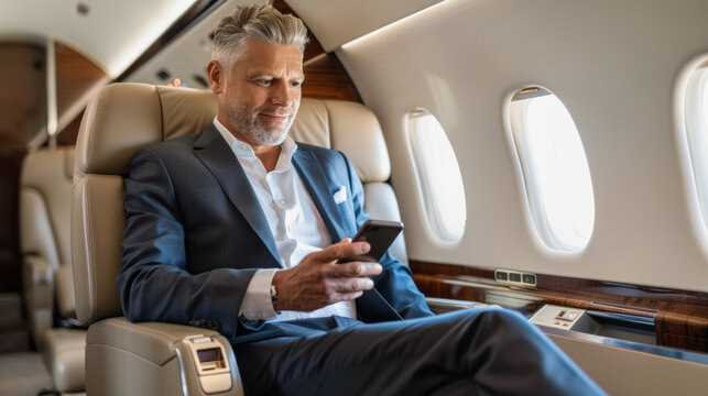 Senior business man traveling with private jet while using mobile phone - Luxury and success concept - Model by AI generative