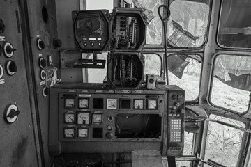 Greyscale shot of interior area of a worn-out bucket wheel excavator