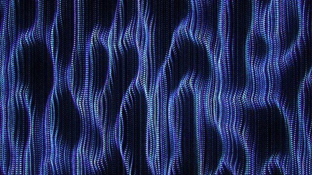 Wave motion of surface made of vertical dotted lines. Abstract concept of digital music, sound waves and artificial intelligence. Loo 4K animation of wavy blue lines - visualization of soundwaves