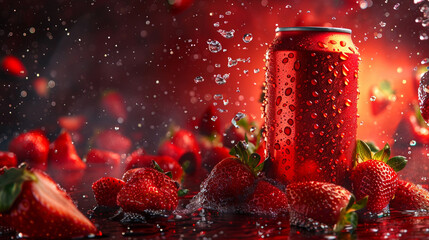 strawberry juice in a can with splashes on a dark background

