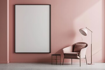Interior design with pink walls, chair, lamp, and poster in a house