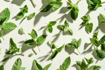 Various mint leaves displayed on a white background - obrazy, fototapety, plakaty