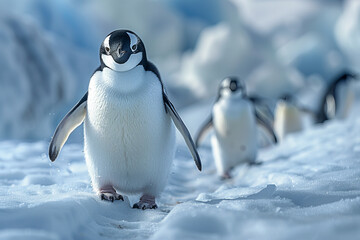 Charming Antarctic Penguins Marching on Icy Terrain Banner