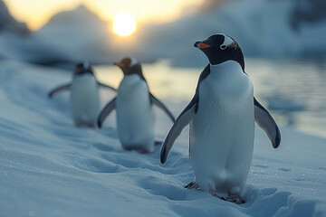 Elegant Penguins Marching Under Gleaming Sunset in Snowy Landscape Banner