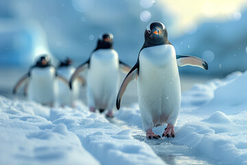 March of the Adorable Penguins on a Sparkling Snowy Day Banner - obrazy, fototapety, plakaty